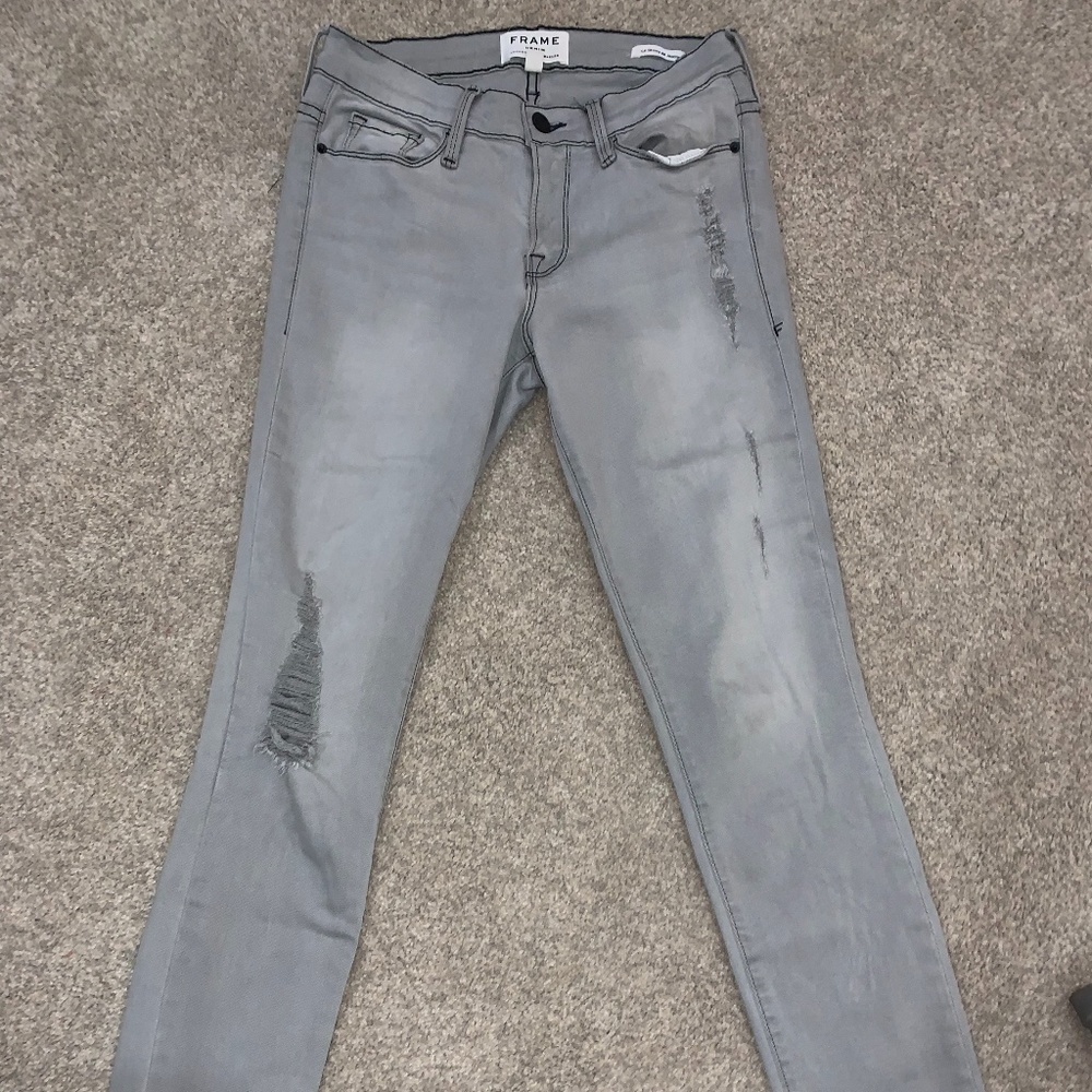 FRAME Grey Le De Jeanne Distressed Skinny Jeans